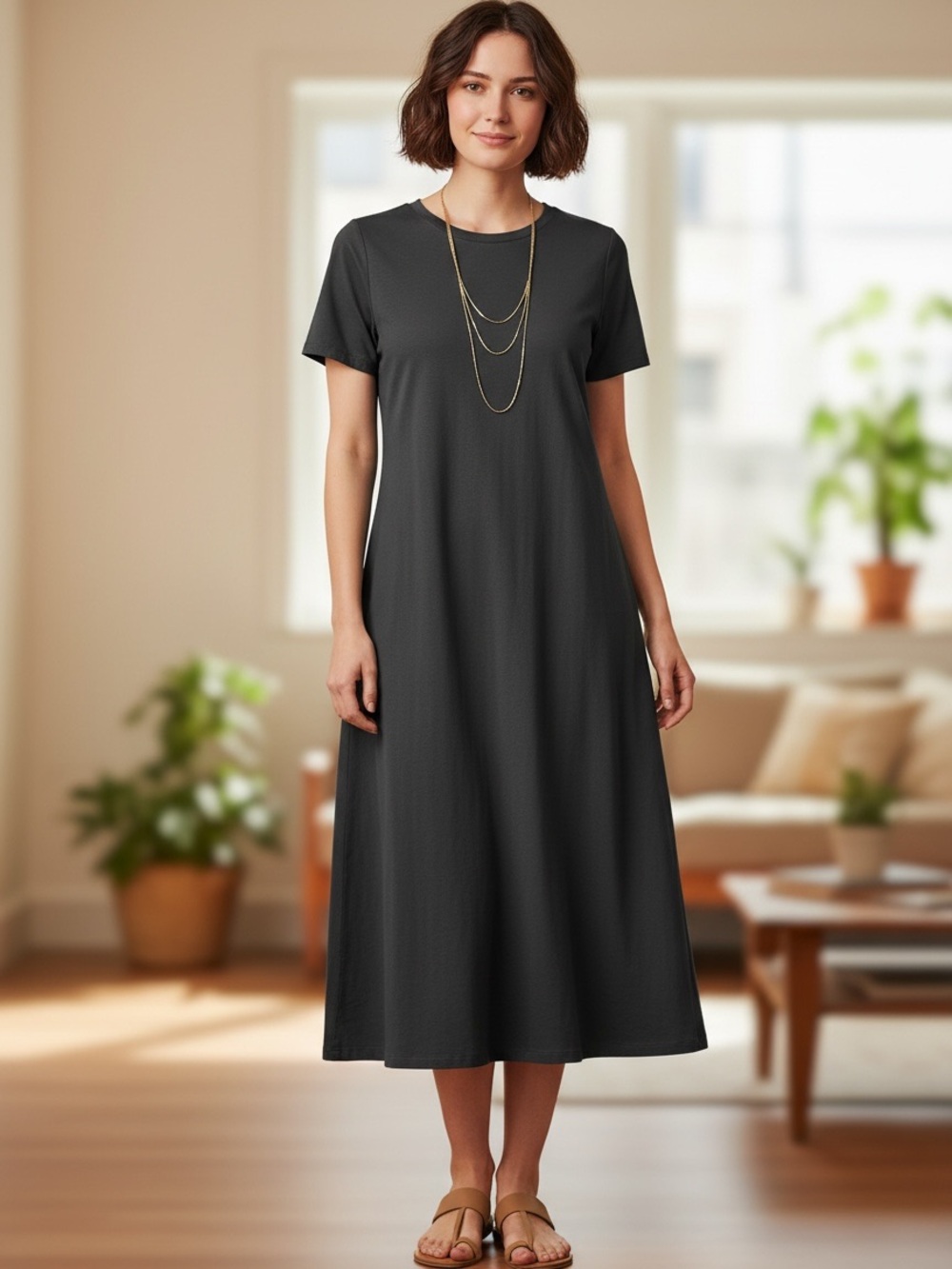 Eileen Fisher Round Neck Short Sleeve Side Slit Knit Midi Dress XS